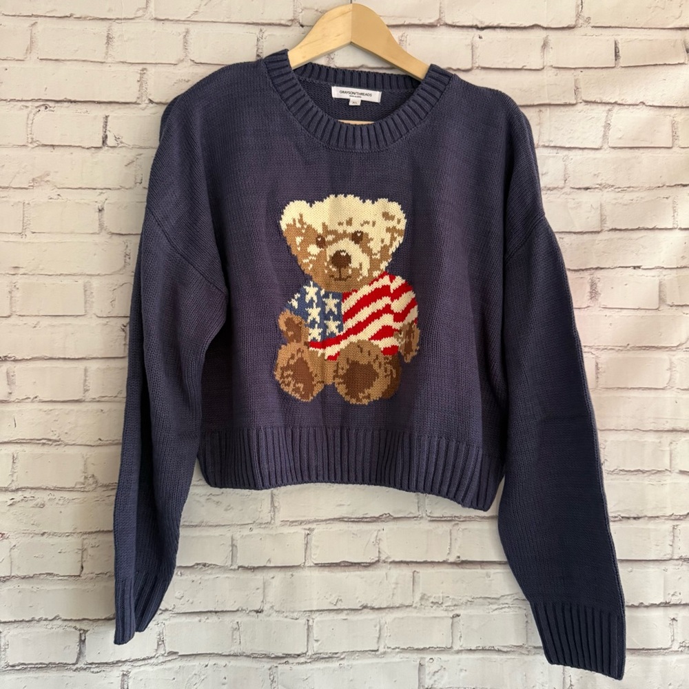 Grayson Threads Navy‎ Sweater with Teddy Bear Design
